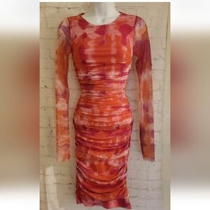 NEW Prabal Gurung Multi-Color "Tie Dye" Mesh Ruched Midi Dress Sz.XS Ret.$795